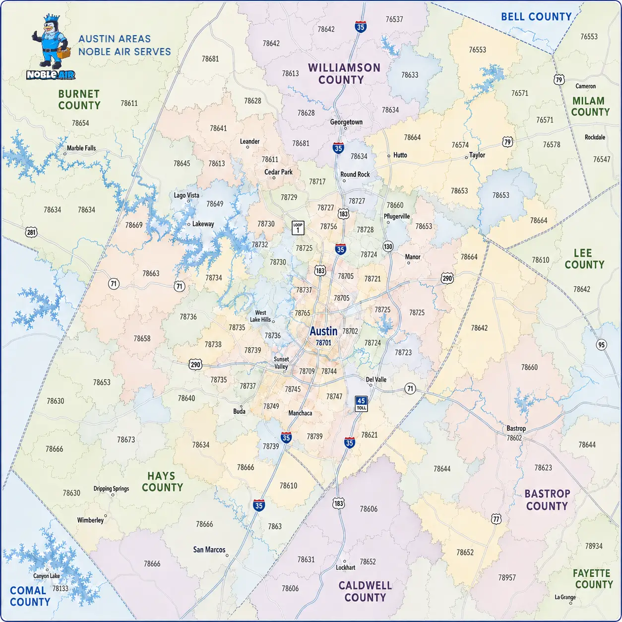Noble Air service area map showing Austin and nearby Central Texas cities served