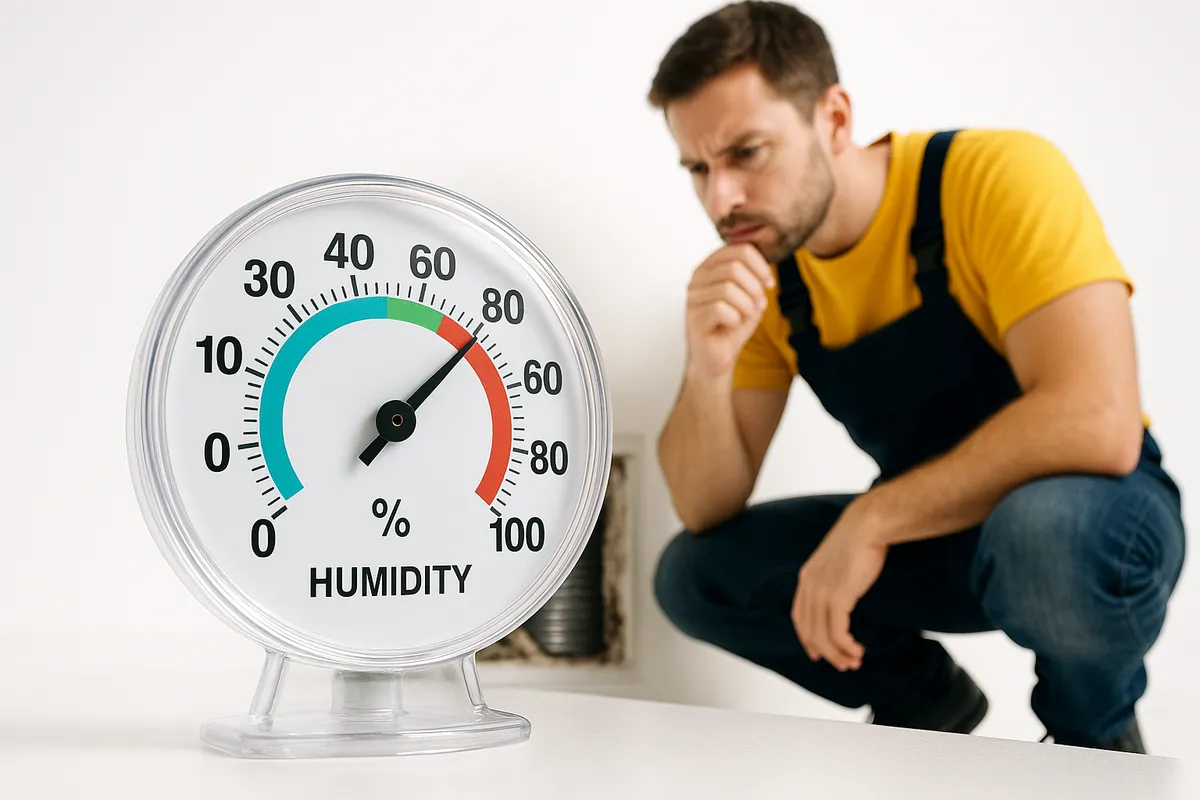 A humidity gauge shows high moisture levels while a technician inspects it near an exposed air duct.