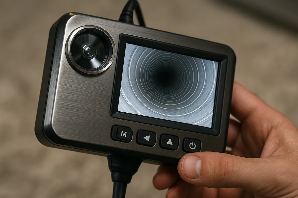 A technician holds an air duct inspection camera, examining real-time images of ductwork for mold assessment.