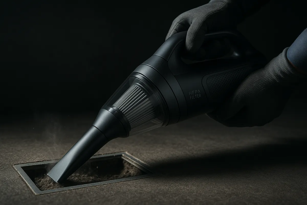A technician uses a modern HEPA filter vacuum to clean dust from an air duct, debunking mold myths.