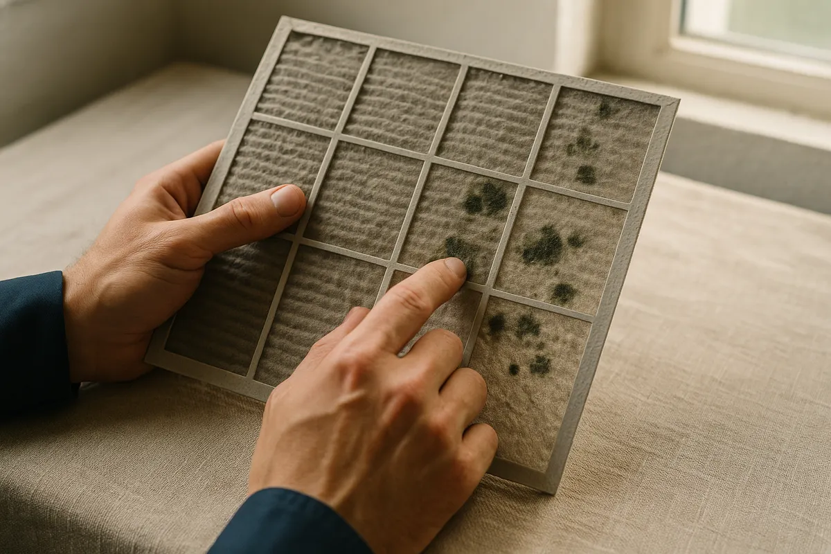 Technician inspecting a dusty air filter with mold patches, highlighting the need for air duct cleaning.