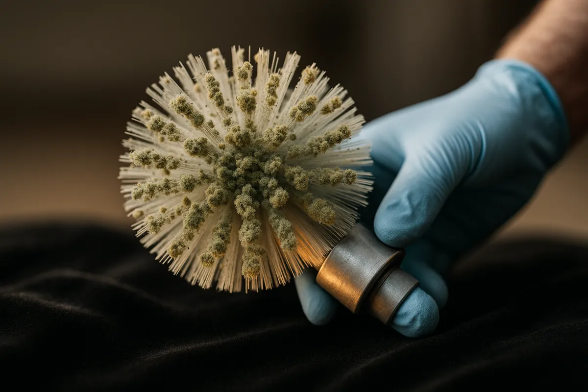 A close-up of a mold-covered air duct cleaning brush held by a gloved hand, highlighting mold issues in ducts.