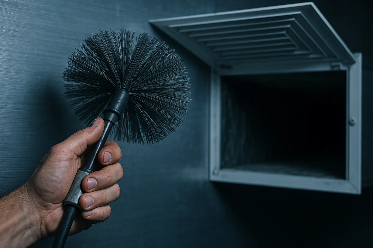 A technician's hand holds a cleaning brush near an air duct, highlighting the importance of duct maintenance.