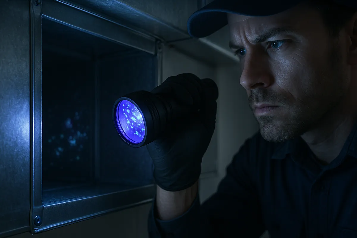 A technician inspects an air duct with a UV lamp, revealing glowing mold spores in the metal ductwork.