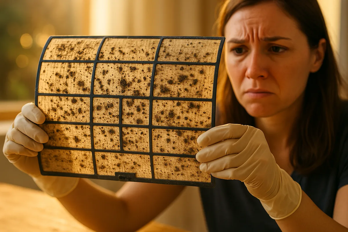 A gloved hand holds a moldy air conditioning filter, highlighting concerns about indoor air quality.