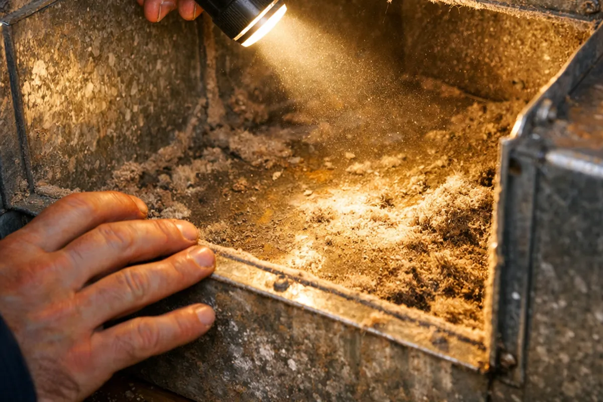 A technician inspects a dusty metal plenum chamber with a flashlight, emphasizing the need for mold cleaning.