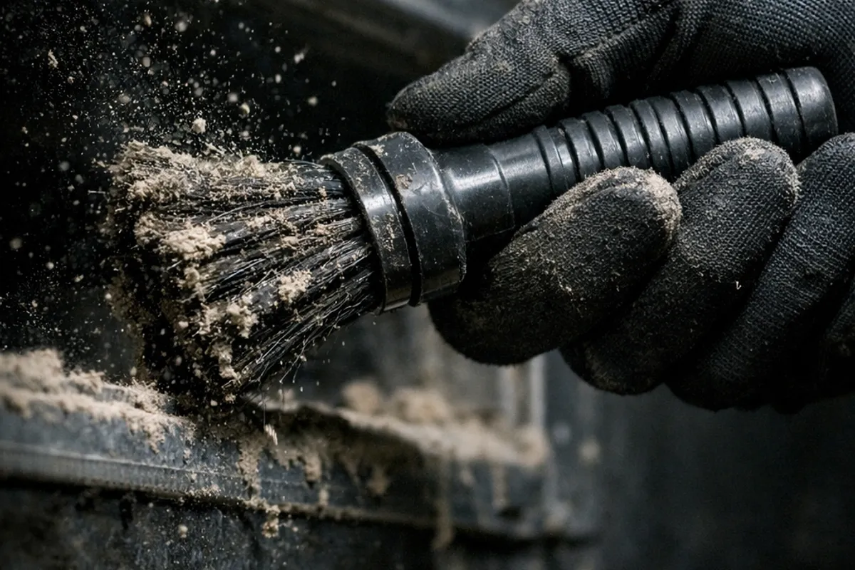 A technician cleans a dusty plenum with a specialized brush, highlighting the importance of mold cleaning.